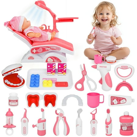 HopeRock Kids Doctor Kit for Toddlers 3-5, 28PCS Pretend Doctor Kit Dentist Play Set Toys , Birthday Christmas Gifts for 3 4 5 6 Year Old Girls, Pink