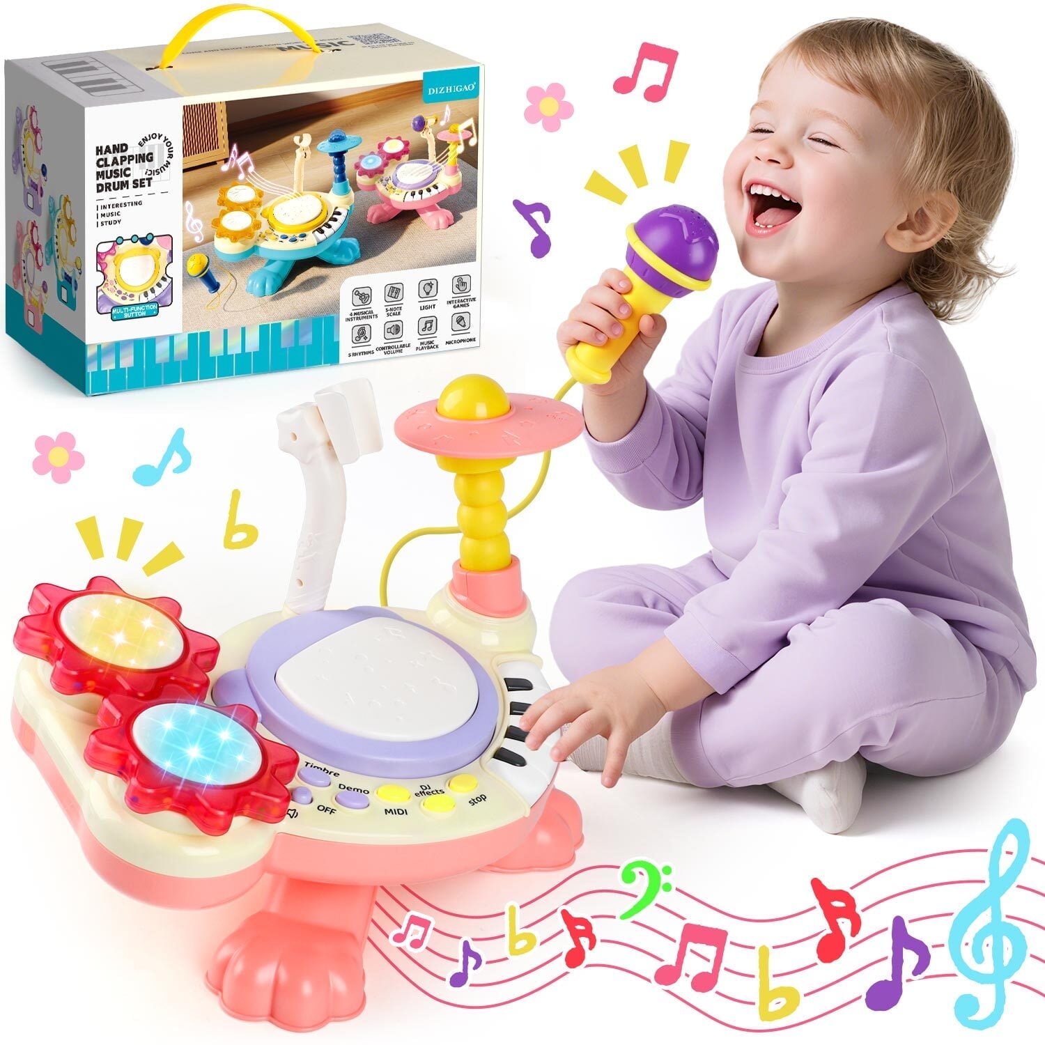 HopeRock Kids Drum Set, Toddler Toys Age 2-4, Musical Hand Drum Toys with Microphone and Light Piano Keyboard, Birthday Gift for Little Kids.