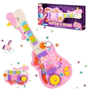 HopeRock Kids Guitar Toys, 2-in-1 Pink Musical Toy with Piano And LED Lights for Kids Toddlers Ages 3-6, Unicorn Toys Christmas Birthday Gift for Little Girls.