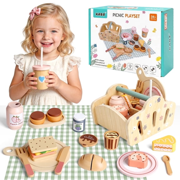 HopeRock Wooden Play Food Picnic Set, Pretend Play Toy for Girl 3-6 Years Old, Wooden Kitchen & Tea Party Playset with Storage Basket, Toddler Girls Christmas Birthday Gift.