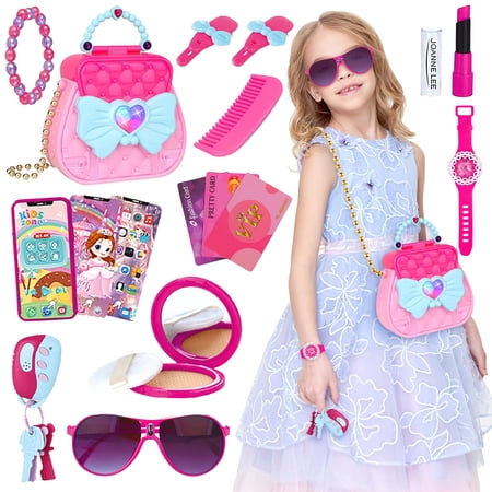 HopeRock Pretend Play Makeup Toy Set for Girls - Stylish Handbag with Makeup Accessories, Phone, Watches, Glasses - Birthday Gift for Little Girls Age 3-6 Years Old(17 Pcs)