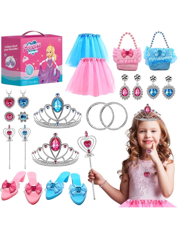Princess Dress up Toy for Little Girls 3-6 Years,Halloween Costume, Include Jewelry, Shoes, Handbags and Multiple Princess Accessories, Christmas Halloween Birthday Gift for Girls Age 3-8.