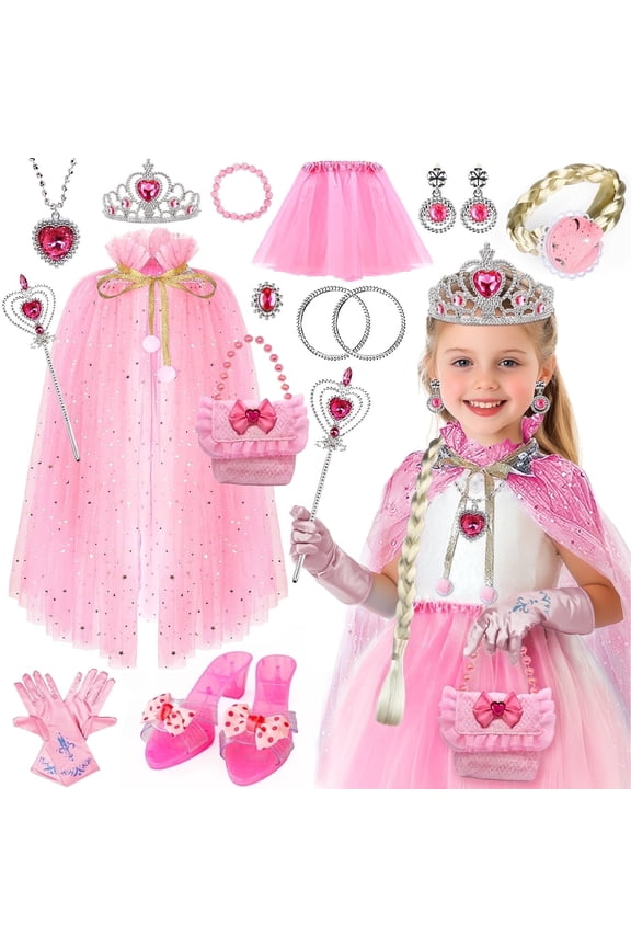 Pink Princess Dress Up Toy For Little Girls 3-6 Years, Halloween Costume, Include Jewelry, Shoes, Handbags And Multiple Princess Accessories, Christmas Birthday Gift for Girls.