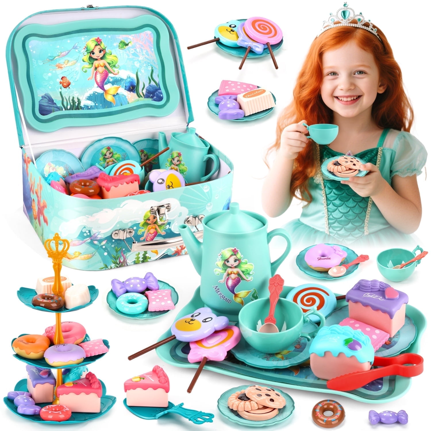 HopeRock 42PCS Mermaid Tea Party Set for Little Girls, Pretend Play Toys for Toddlers Girls Ages 3 4 5 6 Years, Birthday Gifts for Kids Girls 3-6 Years Old.
