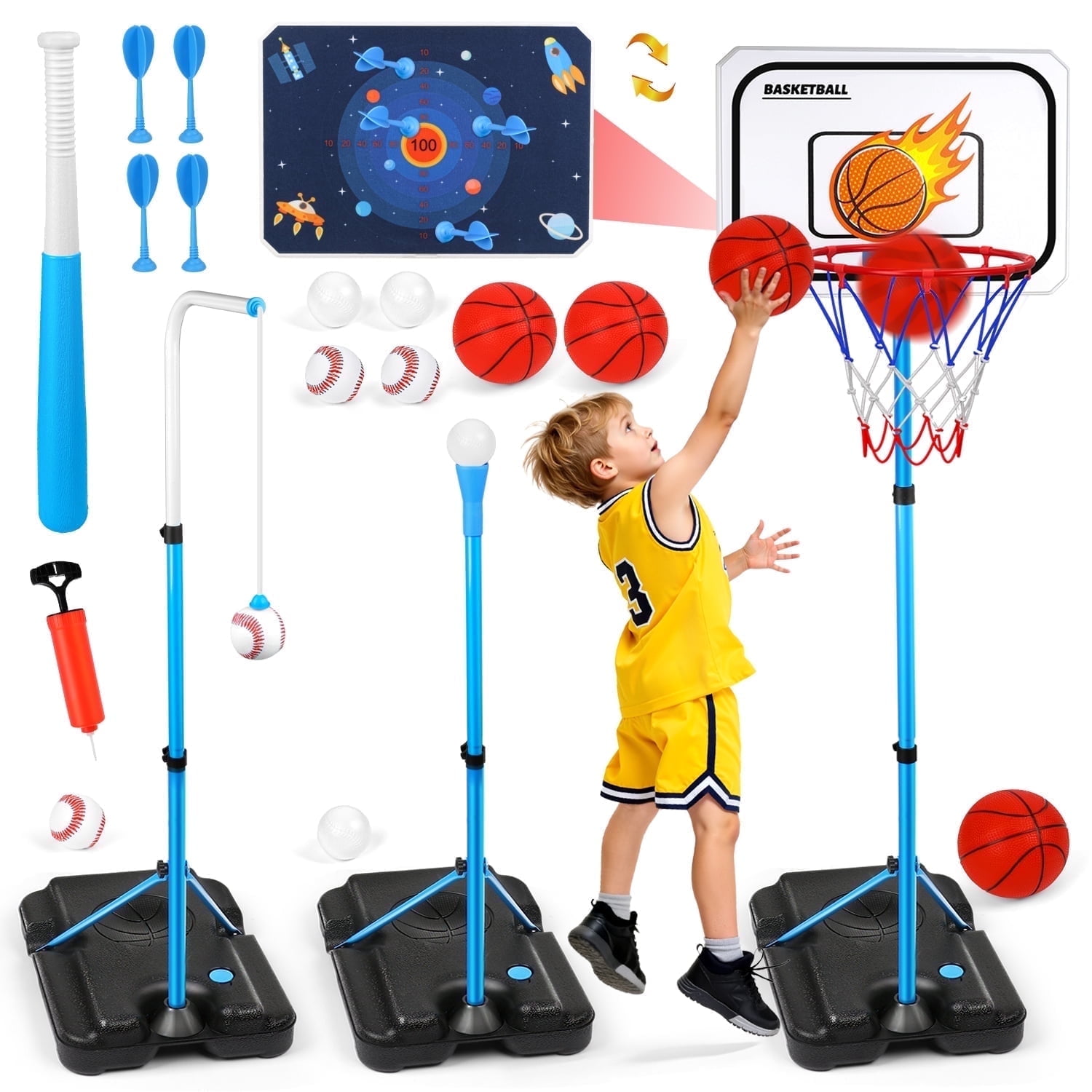 HopeRock Toddler Basketball Hoop, T-Ball, Baseball, Target Dartboard Game Set for Toddlers 3 4 5 6 7 8+ Years Old, Toddler Outdoor& Indoor Toys, Kids Sports Set Gift for Birthday Christmas.