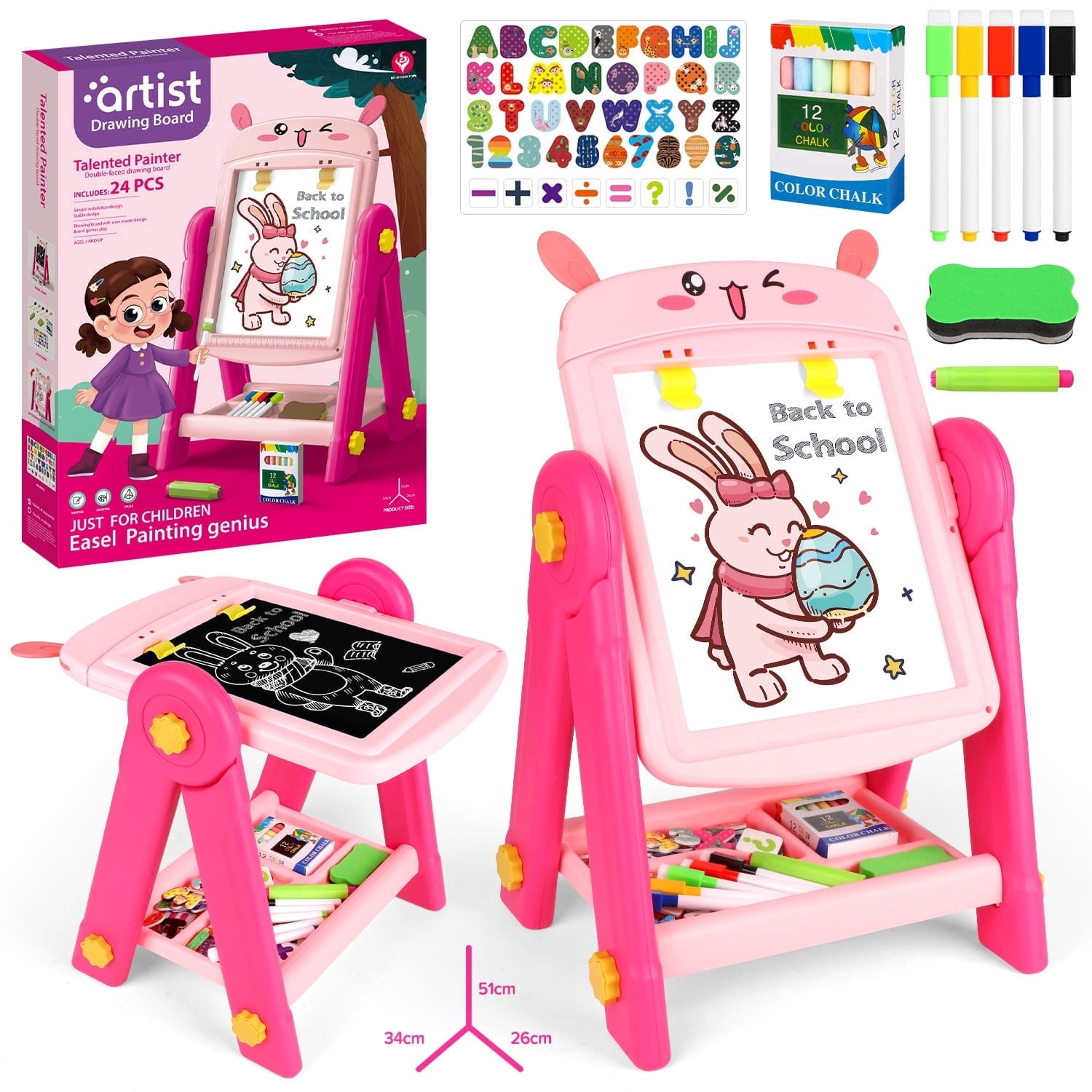 HopeRock Easel for Kids, Pink Rabbit Toddler Easel, Double-Sided Magnetic Whiteboard & Chalkboard, Toddler Art Set Educational Drawing Easel Gift for 2-6 Year Old Girls.