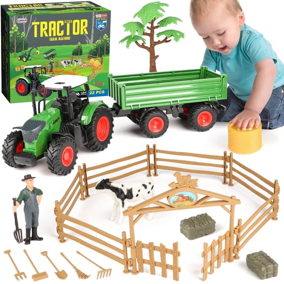 HopeRock Tractor Toy, Farm Toys Set for Toddlers Boys Age 3 4 5 6 Years, Realistic Pretend Play for Little Farmers, Christmas Birthday Gifts for Toddlers 3-6 years old.