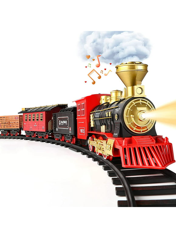 HopeRock Train Set with Steam Locomotive Engine, Train Toys with Smoke, Light & Sounds, Gift for Kids, Boys & Girls 3-6 Years