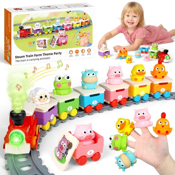 HopeRock Toys Train Set for Toddlers 2-4 Years, with Smoke, Light & Sound, 6 Farm Finger Puppets, Montessori Learning Gift for Toddlers Birthday Christmas.