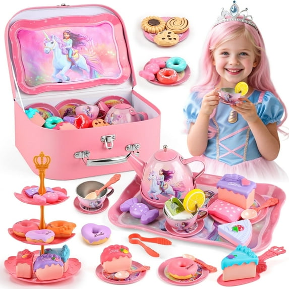 HopeRock Tea Party Set for Little Girls, 42PCS Unicorn Toys for Girls Ages 3 4 5 6 Years, Pink Pretend Play Toys Set for Girls Birthday Gifts.