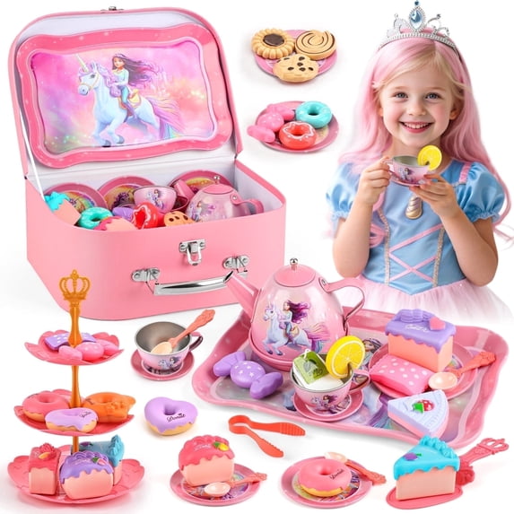 HopeRock Tea Party Set for Little Girls, 42PCS Unicorn Toys for Girls Ages 3 4 5 6 Years, Pink Pretend Play Toys Set for Girls Birthday Gifts.