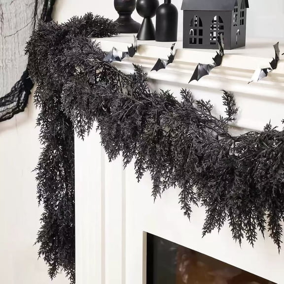 Hopeoy Black Artificial Cedar Garland, Spooky Faux Evergreen Greenery Garland, Flexible Draping Black Garland for Mantel, Staircase, Fireplace, Halloween Home Party Decor