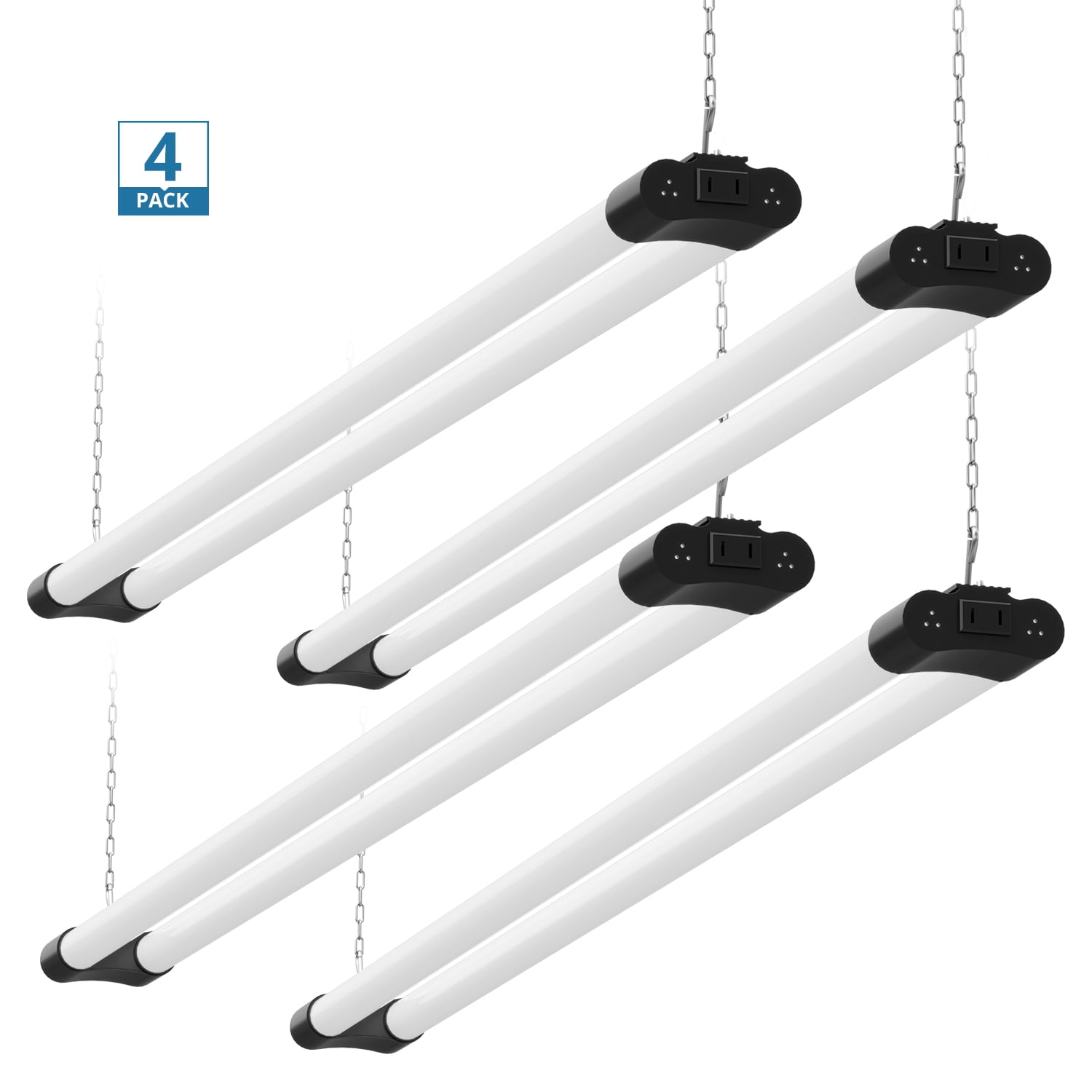 Hoperacer 4 Pack Linkable LED Shop Light, 4FT 42W [250W Equivalent], 4400lm, 5000K Daylight, with Plug, Utility Light Fixture, Hanging or Surface Mount, Black