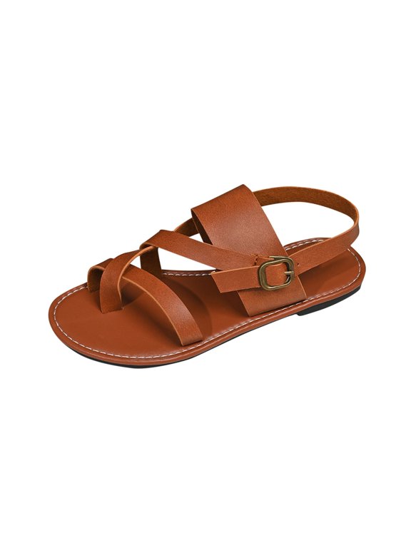 Flats Shoes for Women Non-Slip Pu Summer Shoes Breathable Open Toe Women's Flats Shoes Trendy Flat Heel Soft Roman Buckle Roman Comfortable Walking Shoes Brown 40
