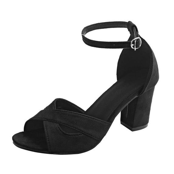 Hopeusnice High Heels Shoes for Women Flock Materials Summer Shoes Breathable Soft Block High Heel Trendy Open Toe Sandals Non-Slip Women's High Heels Shoes Buckle Elegant Shoes Black 39