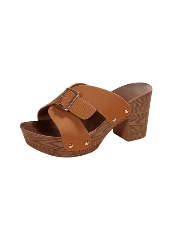 High Heels Shoes for Women Non-Slip PU Materials Summer Shoes Breathable Block High Heel Women's High Heels Shoes Trendy Soft Open Toe Sandals Moisture-Wicking Elegant Shoes Brown 37