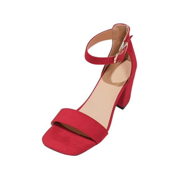 Hopeusnice High Mid-Heels Shoes for Women Trendy Non-Slip Breathable Block Mid-Heel Flock Summer Shoes Women's High Mid-Heels Shoes Open Toe Soft Square Toe Buckle Square Toe Outdoor Shoes Red 39