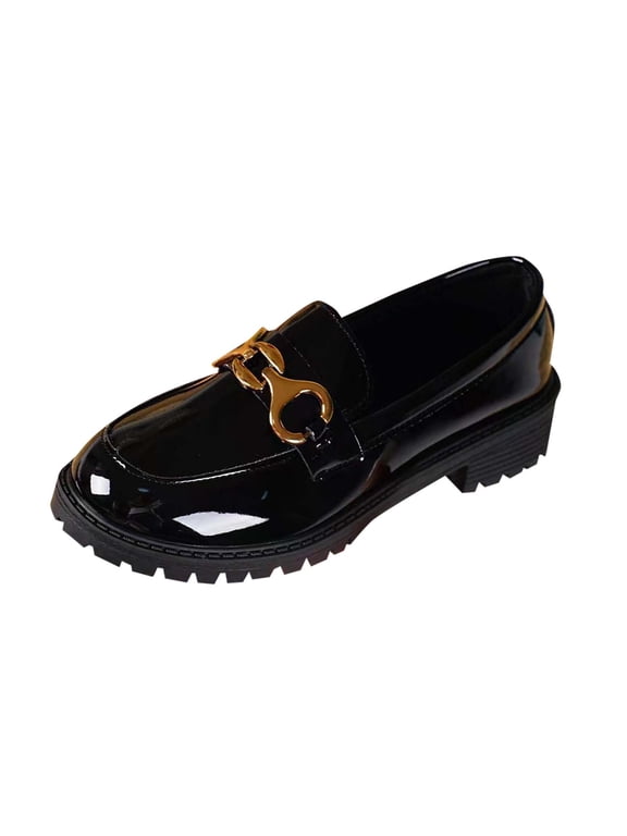Leather Shoes for Women Pu Fall Slip-Ons Breathable Non-Slip Leather Shoes Pumps Shoes Trendy Thick-Soled Heel Classic Loafers Soft Round Toe Round Toe Outdoor Shoes Black 39