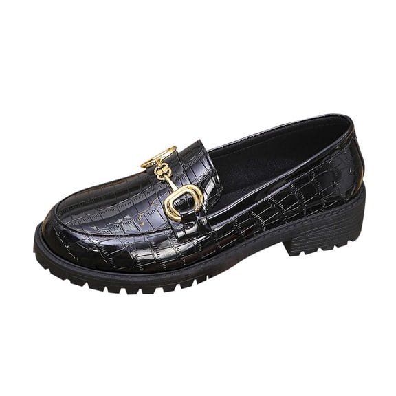 Hopeusnice Leather Shoes for Women Pumps Shoes Breathable Soft Non-Slip Leather Shoes Trendy Thick-Soled Heel Classic Loafers Pu Fall Slip-Ons Round Toe Slip-Resistant Walking Shoes Black 36