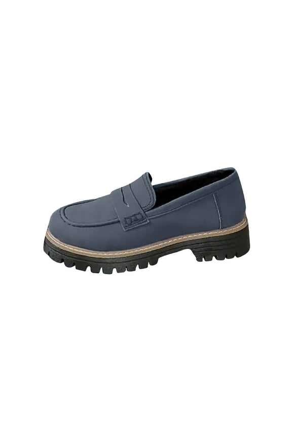 Mid-Heels Shoes Non-Slip Breathable Pu Fall Slip-Ons Trendy Thick-Soled Mid-Heel Classic Loafers Soft Pumps Shoes Round Toe Office Shoes Comfortable Walking Shoes Dark Blue 42