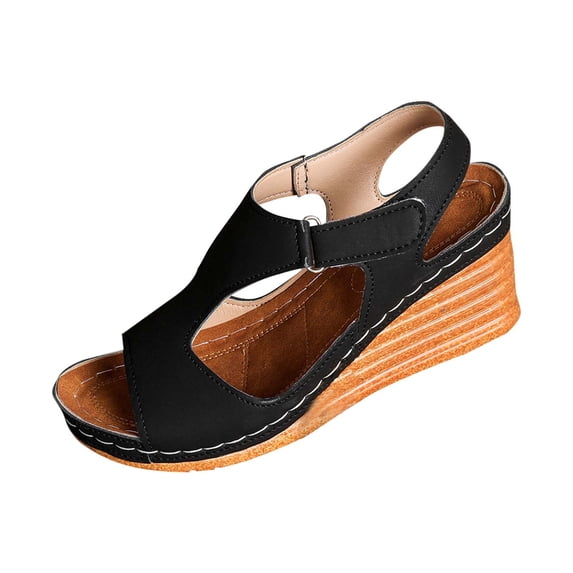 Hopeusnice Sandals for Women Non-Slip PU Materials Summer Shoes Breathable Trendy Soft Open Toe Wedge Heel Women's Sandals Slip-Resistant Walking Shoes Black 40