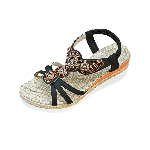 Hopeusnice Sandals for Women Non-Slip Pu Summer Shoes Soft Breathable Open Toe Sandals Women's Sandals Wedge Heel Trendy Round Toe Roman Boho Style Shoes for Beach Comfortable Walking Shoes Black 37