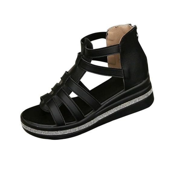 Hopeusnice Sandals for Women Open Toe Sandals Breathable Non-Slip PU Materials Summer Shoes Trendy Soft Thick-Soled Heel Women's Sandals Roman Slip-Resistant Walking Shoes Black 37