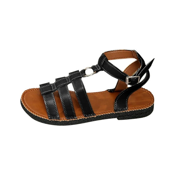 Hopeusnice Sandals for Women Trendy Non-Slip Breathable Open Toe Flat Heel Soft PU Materials Summer Shoes Women's Sandals Round Toe Roman Round Toe Vacation Shoes Black 42