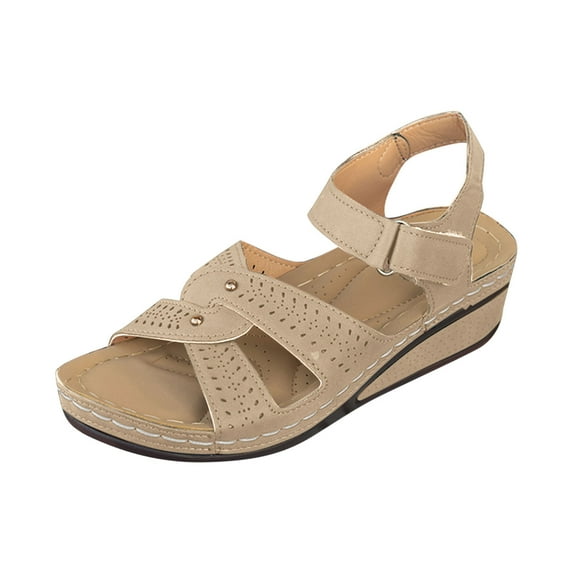 Hopeusnice Sandals for Women Trendy Non-Slip Breathable Open Toe PU Materials Summer Shoes Women's Sandals Wedge Heel Soft Roman Outdoor Shoes Khaki 35