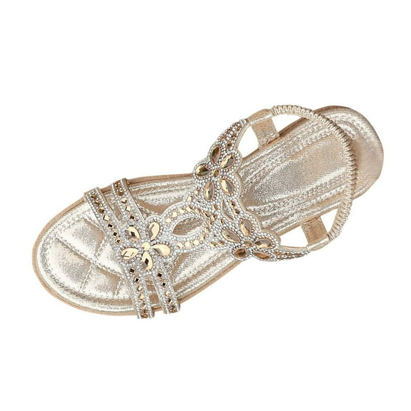 Hopeusnice Sandals for Women Trendy Non-Slip Breathable PU Materials Summer Shoes Flat Heel Women's Sandals Open Toe Soft Roman Boho Style Slip-Resistant Walking Shoes Gold 36