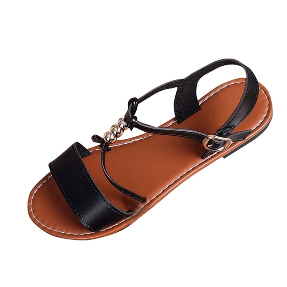 Hopeusnice Sandals for Women Trendy Non-Slip Pu Summer Shoes Open Toe Sandals Flat Heel Women's Sandals Soft Breathable Round Toe Roman Round Toe Flexible Walking Shoes Black 41