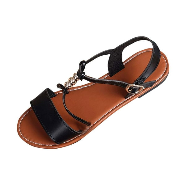 Hopeusnice Sandals for Women Trendy Non-Slip Pu Summer Shoes Open Toe Sandals Flat Heel Women's Sandals Soft Breathable Round Toe Roman Round Toe Flexible Walking Shoes Black 39