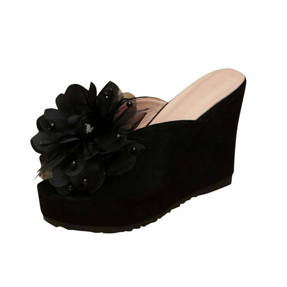 Hopeusnice Slippers for Women Cloth Materials Summer Shoes Breathable Non-Slip Thick-Soled Heel Soft Women's Slippers Open Toe Trendy Square Toe Flexible Walking Shoes Black 42