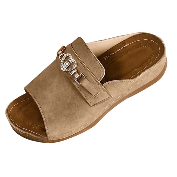 Hopeusnice Slippers for Women Flat Heel Breathable Non-Slip Open Toe Sandals Soft Women's Slippers PU Materials Summer Shoes Trendy Shoes for Beach Outdoor Shoes Khaki 41