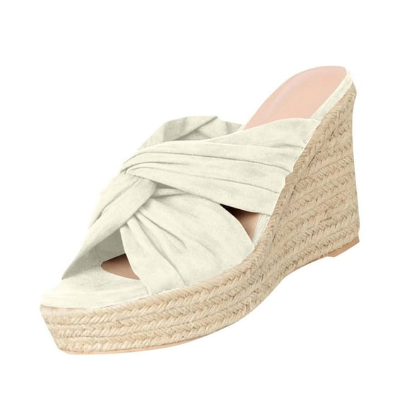 Hopeusnice Slippers for Women Non-Slip Cloth Materials Summer Shoes Breathable Trendy Soft Wedge High Heel Women's Slippers Open Toe Sandals Roman Elegant Shoes Beige 37