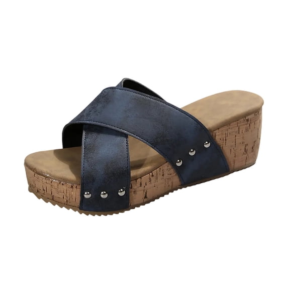 Hopeusnice Slippers for Women Non-Slip PU Materials Summer Shoes Soft Breathable Trendy Open Toe Women's Slippers Thick-Soled Heel Roman Vacation Shoes Navy 37
