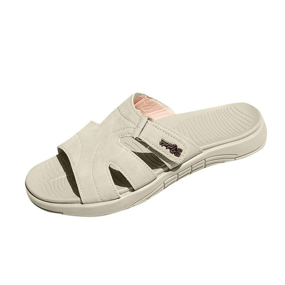 Hopeusnice Slippers for Women Open Toe Sandals Breathable Non-Slip PU Materials Summer Shoes Flat Heel Women's Slippers Soft Trendy Rubber Sole Shoes for Beach Vacation Shoes Beige 36