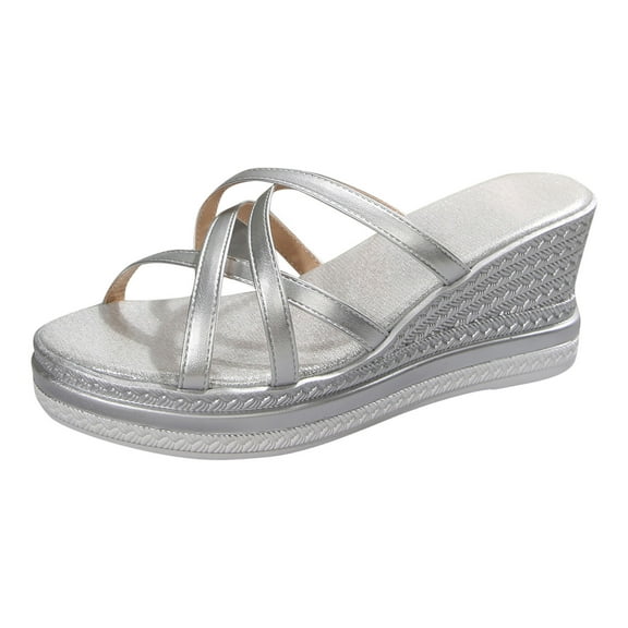 Hopeusnice Slippers for Women Open Toe Sandals Breathable Soft Trendy Non-Slip Women's Slippers PU Materials Summer Shoes Thick-Soled Heel Round Toe Arch Support Shoes Silver 43