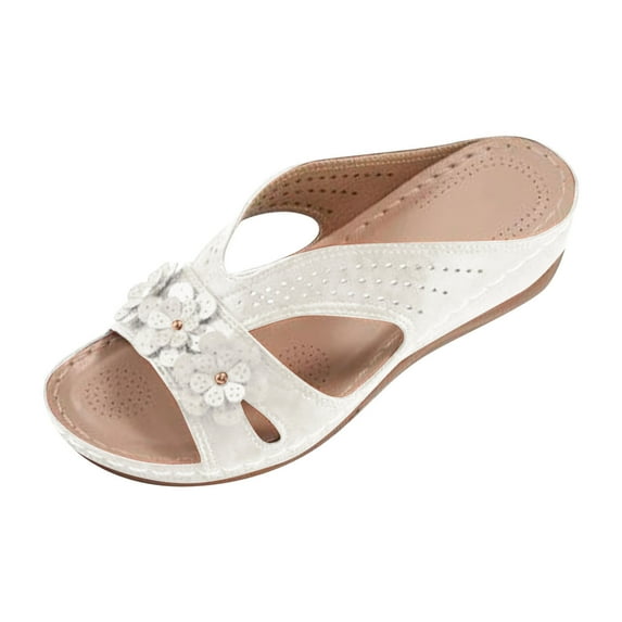 Hopeusnice Slippers for Women Soft Non-Slip Breathable Women's Slippers Wedge Heel Trendy Open Toe PU Materials Summer Shoes for Beach Arch Support Shoes White 41