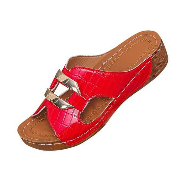 Hopeusnice Slippers for Women Soft Non-Slip PU Materials Summer Shoes Open Toe Women's Slippers Trendy Thick-Soled Heel Breathable Moisture-Wicking Walking Shoes Red 37