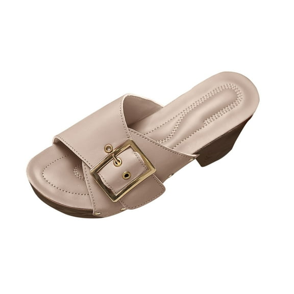 Hopeusnice Slippers for Women Trendy Non-Slip Breathable Soft PU Materials Summer Shoes Open Toe Women's Slippers Block High Heel Belt Buckle Lightweight Elegant Shoes Beige 41