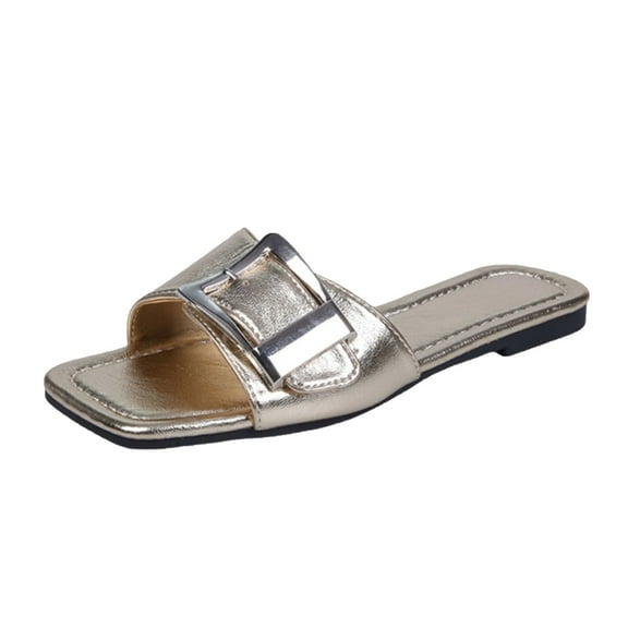 Hopeusnice Slippers for Women Trendy Non-Slip PU Materials Summer Shoes Flat Heel Soft Women's Slippers Open Toe Breathable Shoes for Beach Comfortable Walking Shoes Gold 38