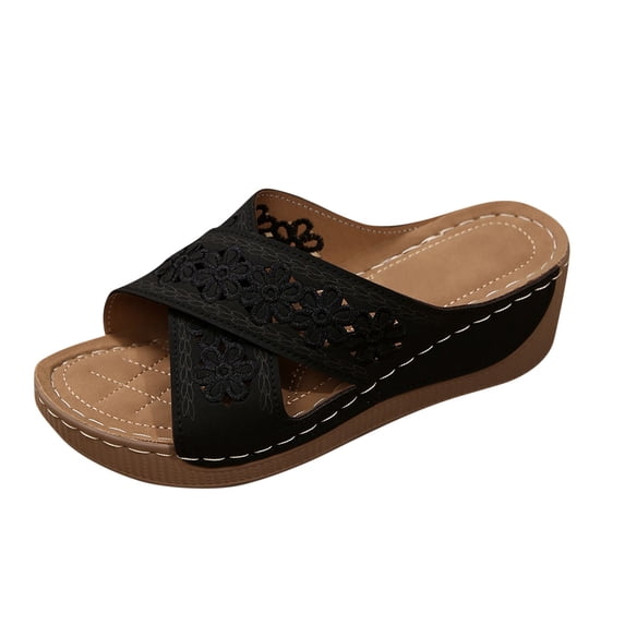 Hopeusnice Wedges Shoes for Women Open Toe Breathable Non-Slip Women's Wedges Shoes Soft Trendy Thick-Soled Wedge Heel PU Materials Summer Shoes Roman Flexible Walking Shoes Black 42