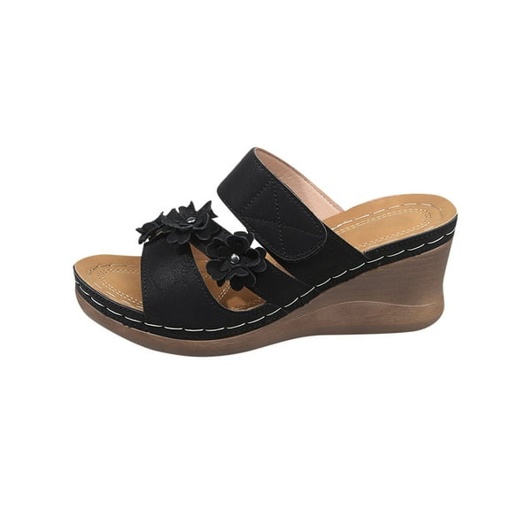 Hopeusnice Wedges Shoes for Women PU Materials Summer Shoes Breathable Soft Women's Wedges Shoes Wedge Heel Non-Slip Trendy Open Toe Roman Arch Support Shoes Black 38