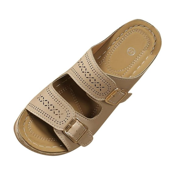 Hopeusnice Wedges Shoes for Women Soft Non-Slip Breathable Open Toe Trendy Wedges Shoes Thick-Soled Wedge Heel Pu Summer Shoes for Beach Round Toe Lightweight Walking Shoes Khaki 39