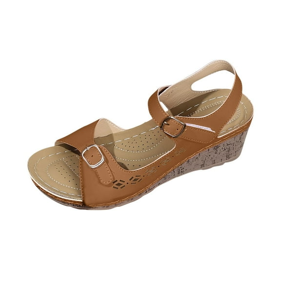 Hopeusnice Wedges Shoes for Women Trendy Non-Slip Breathable Soft Women's Wedges Shoes Open Toe Sandals PU Materials Summer Shoes Wedge High Heel Buckle Moisture-Wicking Elegant Shoes Brown 36