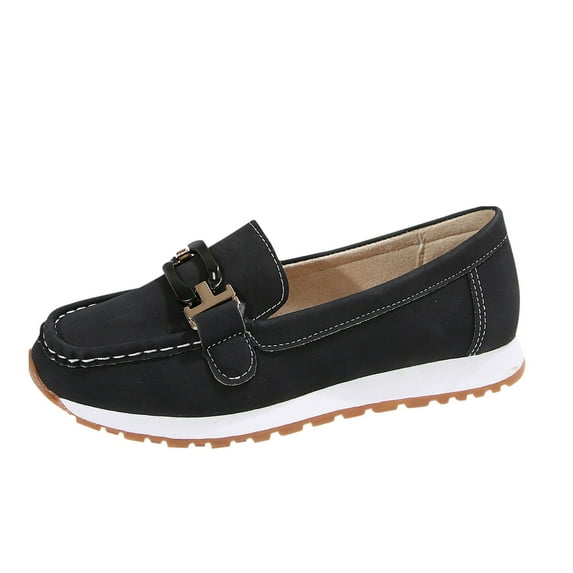 Hopeusnice Women's Flats Shoes Non-Slip Soft Flock Spring And Fall Slip-Ons Trendy Flat Heel Classic Loafers Breathable Pumps Shoes Round Toe Buckle Office Shoes Comfortable Walking Shoes Black 43