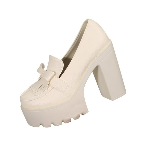 Hopeusnice Women's Leather Shoes Non-Slip Breathable Trendy Soft Pumps Shoes Thick-Soled Heel PU Materials Summer And Fall Shoes Round Toe Moisture-Wicking Walking Shoes Beige 37