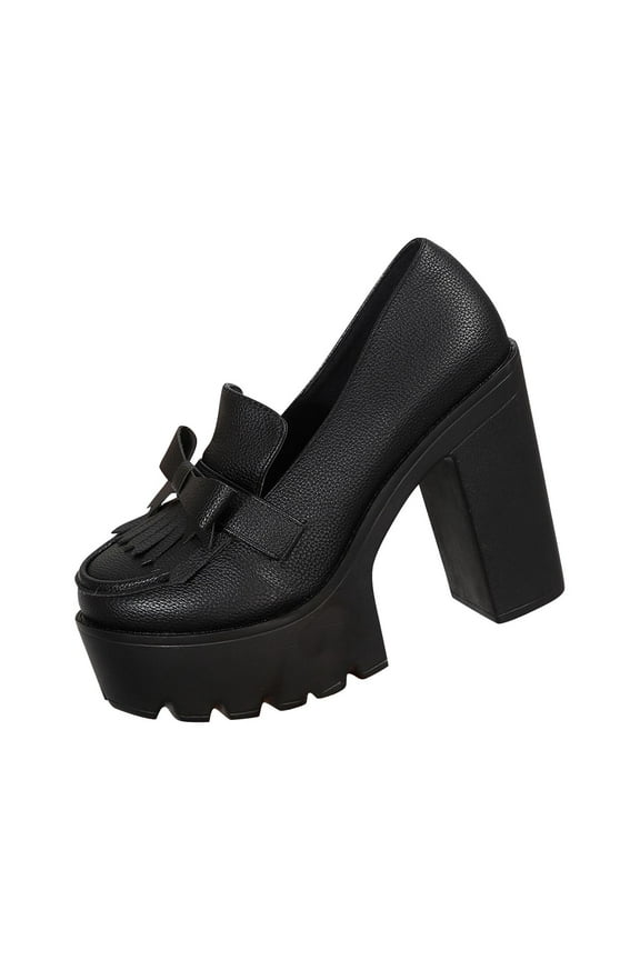 Women's Leather Shoes Non-Slip Breathable Trendy Soft Pumps Shoes Thick-Soled Heel PU Materials Summer And Fall Shoes Round Toe Moisture-Wicking Walking Shoes Black 37