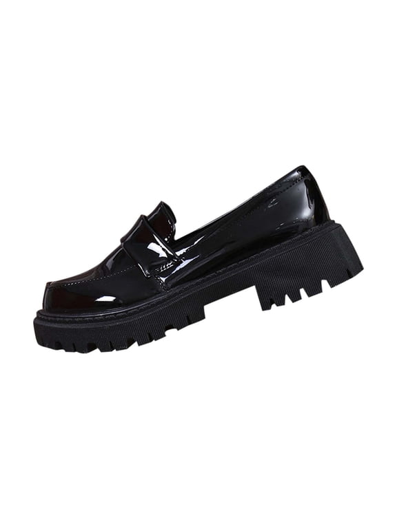 Women's Leather Shoes Non-Slip Pu Spring And Fall Slip-Ons Pumps Shoes Thick-Soled Heel Classic Loafers Breathable Trendy Soft Office Shoes Lightweight Walking Shoes Black 36